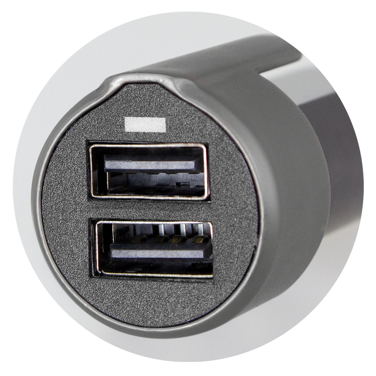 3-in-1 Safety Charger by Swiss Peak with dual USB ports, seat belt cutter, and window-breaking hammer in a sleek black design.
