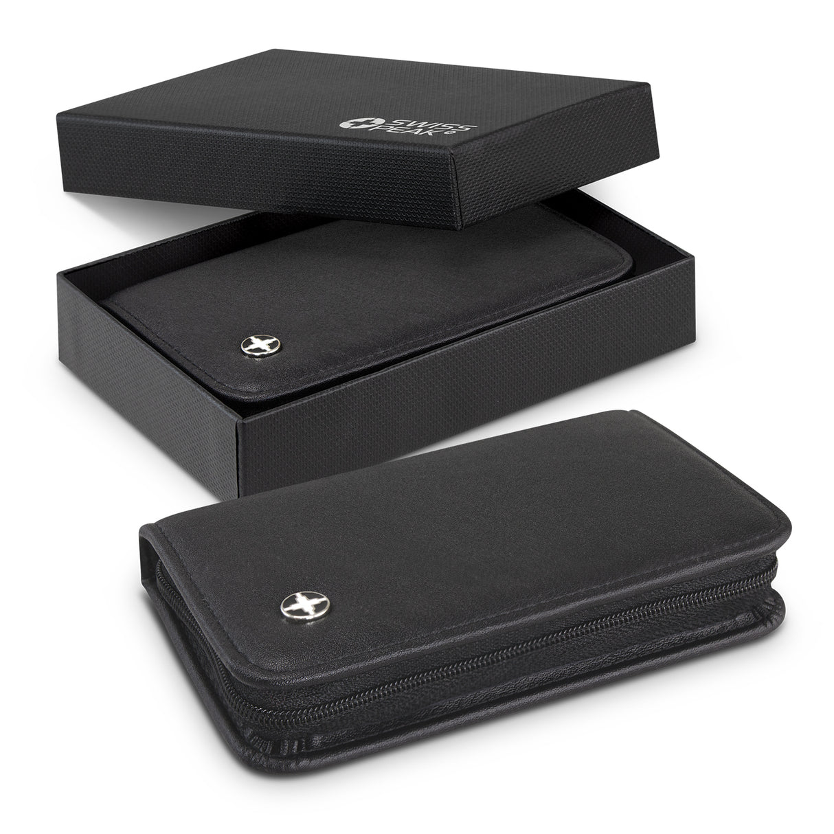 Luxurious black five-piece manicure set with stainless steel tools, elegantly packaged in a stylish PU case and gift box.