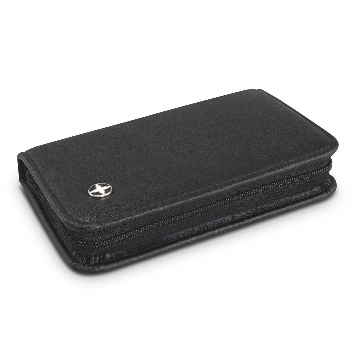 Luxury black manicure set featuring stainless steel tools, elegant PU case, and Swiss Peak badge for stylish grooming.
