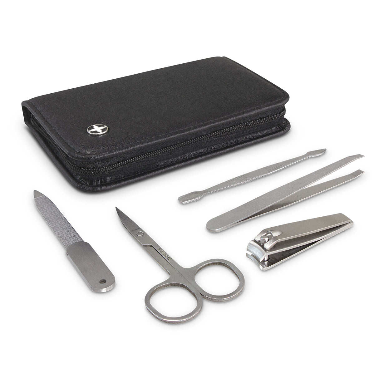 Swiss Peak Manicure Set in black featuring five high-quality stainless steel tools in a stylish PU case with a gift box.