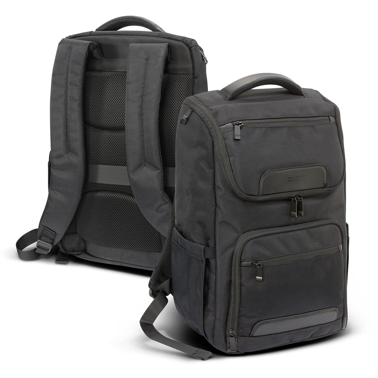 Stylish black Swiss Peak Voyager Laptop Backpack with padded laptop pocket, RFID protection, and USB outlet for travel convenience.