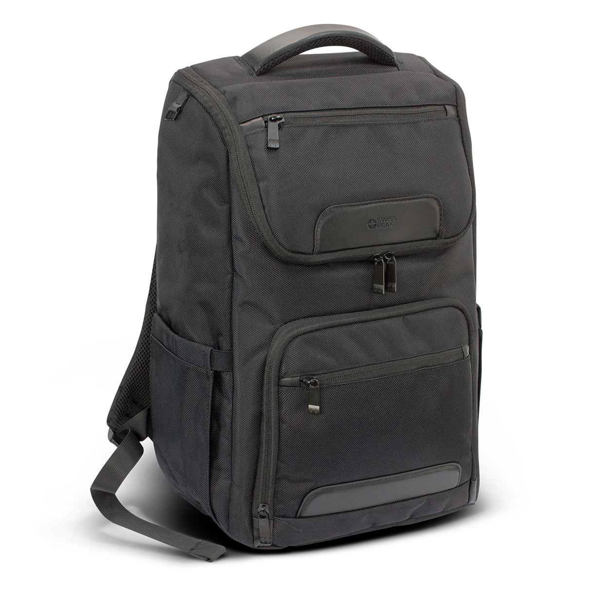 Sleek black Swiss Peak Voyager Laptop Backpack with padded laptop pocket, RFID protection, USB outlet, and adjustable straps.