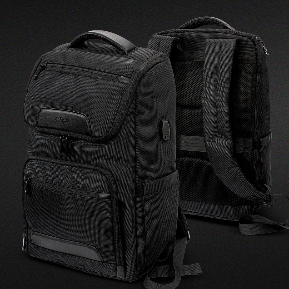 Sleek black Swiss Peak Voyager Laptop Backpack with RFID pockets, USB outlet, padded straps, and 15-inch laptop compartment.
