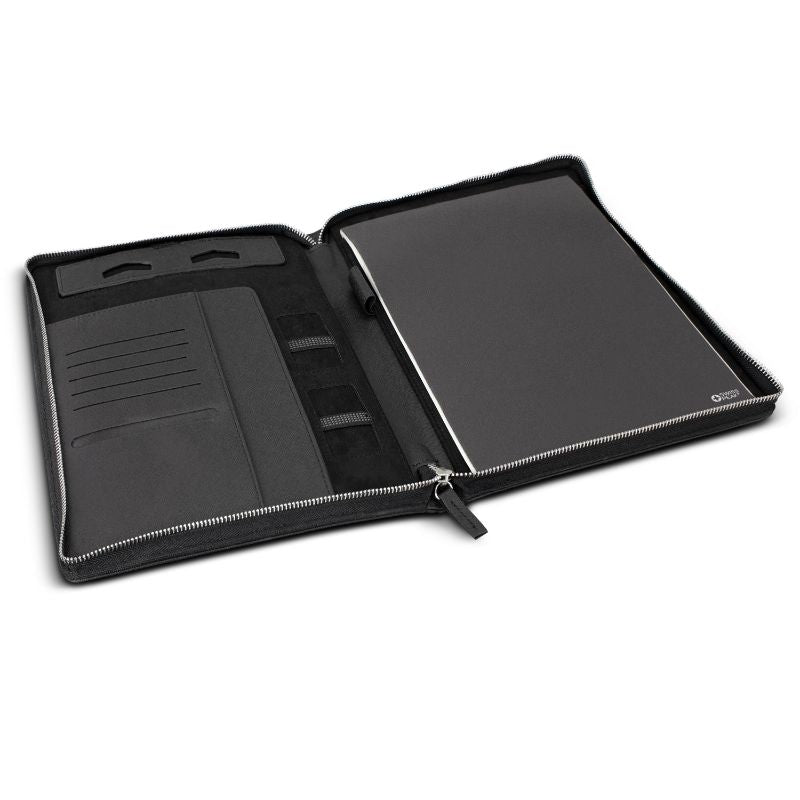 Sleek black A4 portfolio with zipper, featuring Italian PU leather, notepad, phone stand, and card slots for organization.
