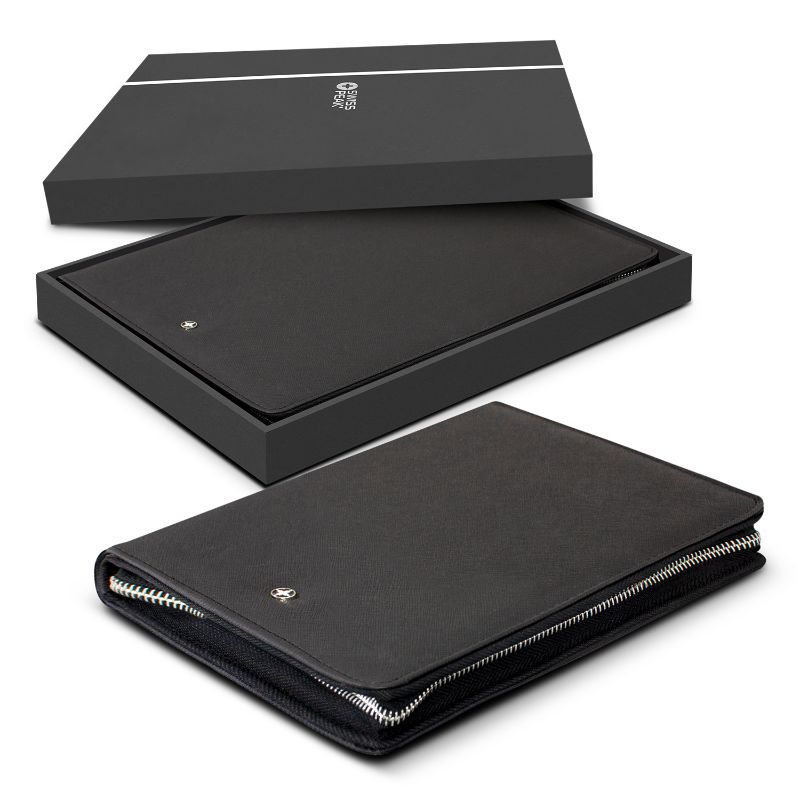 Swiss Peak Heritage A5 Portfolio in black with zipper, featuring a notepad, phone stand, and card slots for modern professionals.