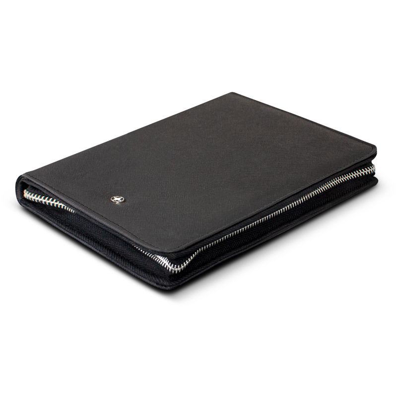 A sleek black A5 portfolio with zipper, featuring a notepad, card slots, phone stand, and 3D Swiss Peak badge.