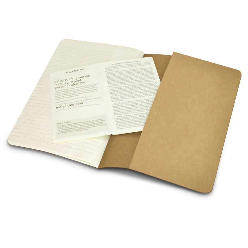 A pack of 6 Moleskine Cahier Journals in Kraft, featuring lined ivory paper, soft cover, perforated pages, and inner wallet.