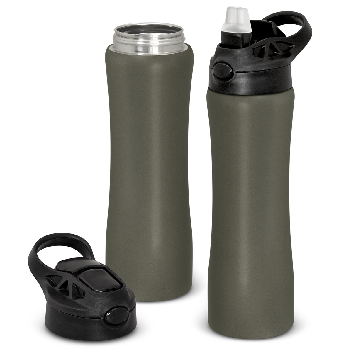 Elegant 800ml charcoal stainless steel bottle with a matte finish, contoured design, and push-button drinking straw.