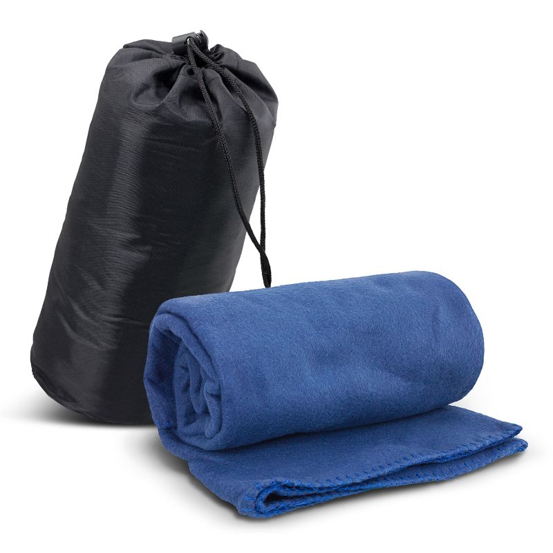 Cozy royal blue fleece blanket in a stylish carry bag, perfect for outdoor comfort and relaxation.