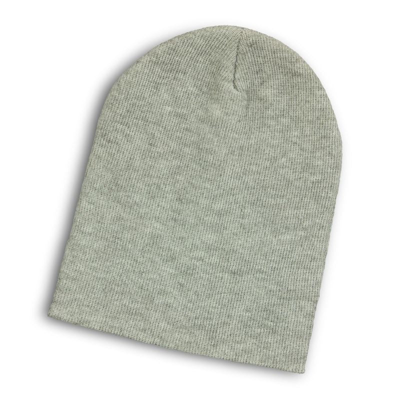 Heather Slouch Grey Beanie: cozy slouch-style, rib knit, chic heather pattern, one size fits most, perfect for chilly days.