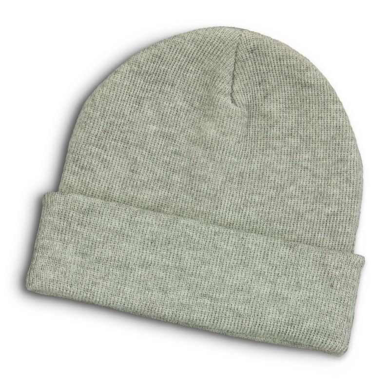 Warm Everest Heather Grey beanie with flecked two-tone yarn and roll-up cuff, perfect for stylish winter wear.