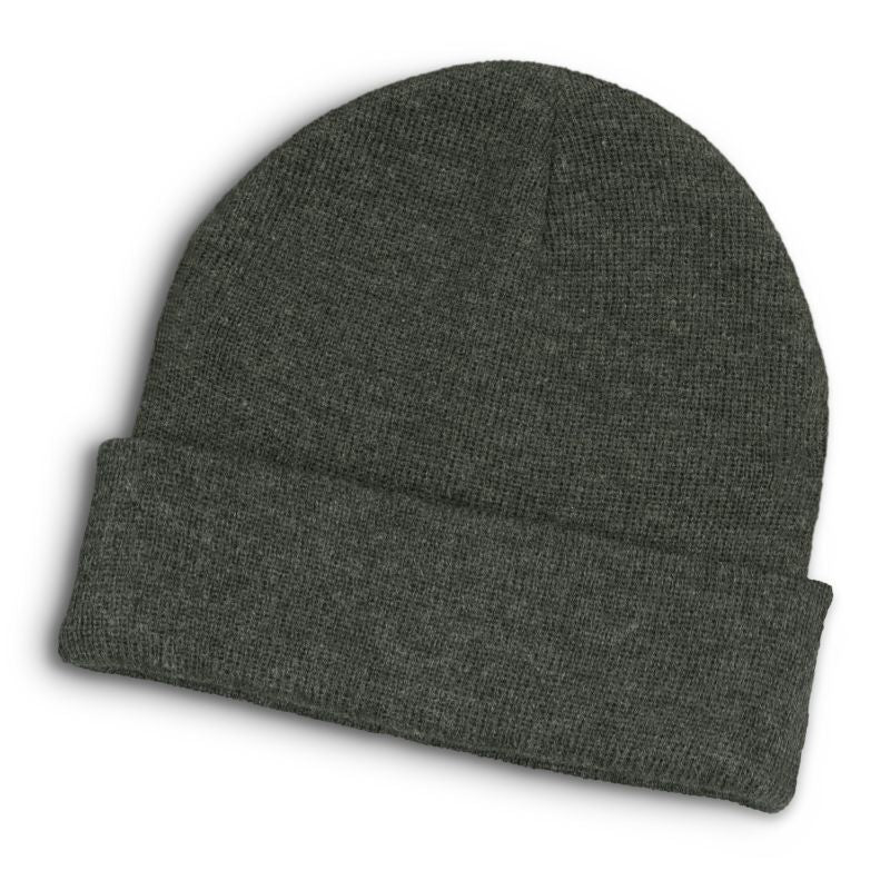 Warm-hued heathered charcoal beanie with roll-up cuff, made of soft acrylic; perfect winter accessory for all.