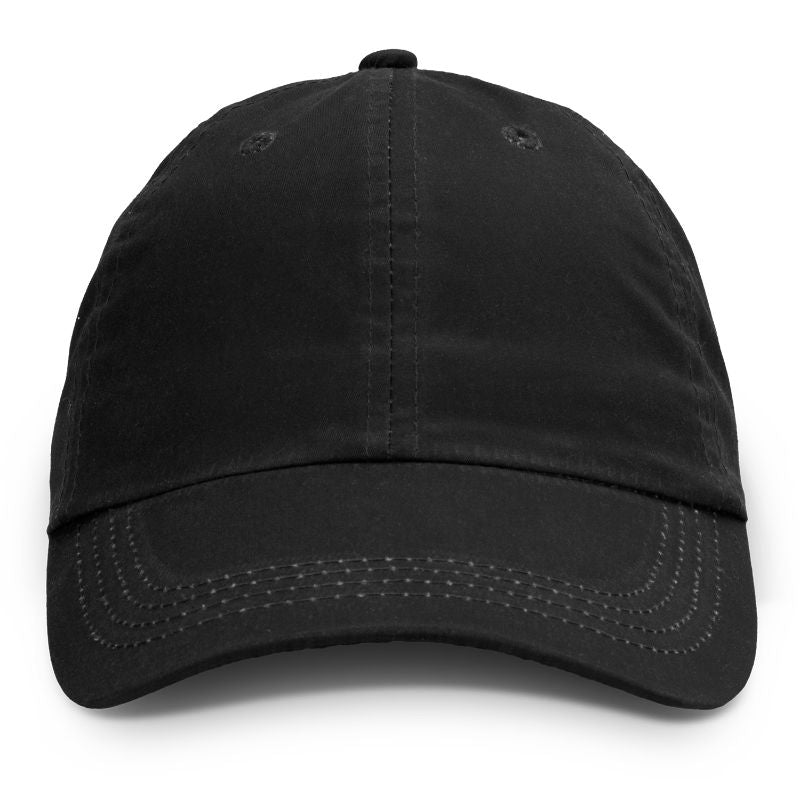 Six-panel black oilskin cap made from durable cotton, waterproof, breathable, with a pre-curved peak and adjustable buckle.