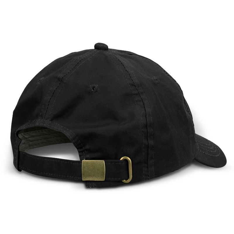 Six black oilskin caps with waterproof cotton, curved peak, and adjustable buckle for outdoor activities.