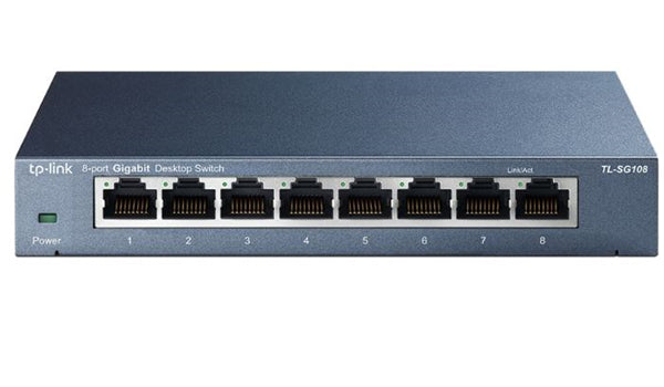 TP-Link SG108 8-Port Gigabit Switch in a durable steel case, featuring plug-and-play, eco-friendly design, and 10/100/1000Mbps ports.