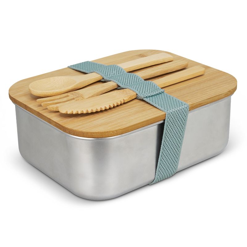 Stylish stainless steel lunch box with bamboo lid and elastic strap, includes bamboo cutlery for eco-friendly meals.