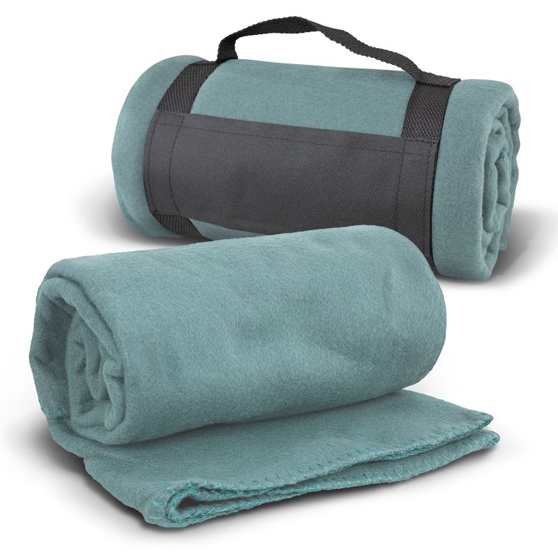 Set of 3 cozy Glasgow Grey fleece blankets with carry straps for easy portability, perfect for home and outdoor use.