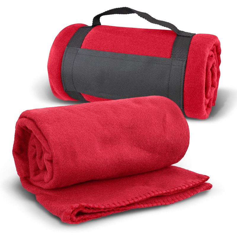 Set of 3 cozy Glasgow Red fleece blankets with carrying strap, ideal for home use or outdoor gatherings.