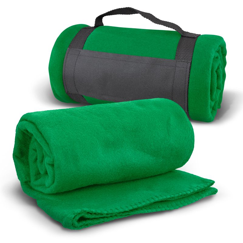 Fleece blanket set in Glasgow Green with carry strap; perfect for home and outdoor comfort, measuring 1200mm x 1500mm.