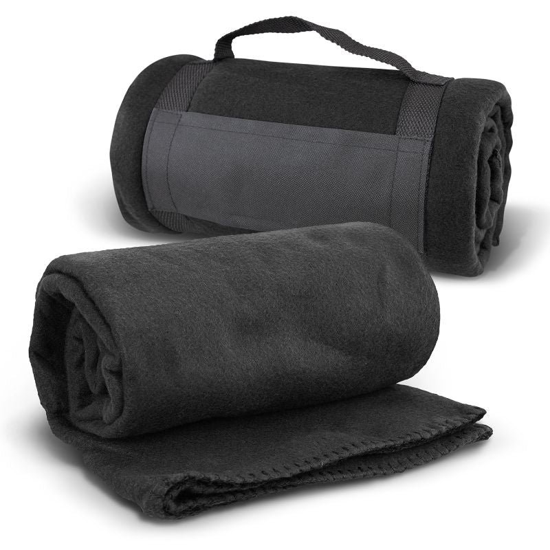 Set of 3 sleek black fleece blankets with straps, perfect for warmth and portability for home or outdoor use.