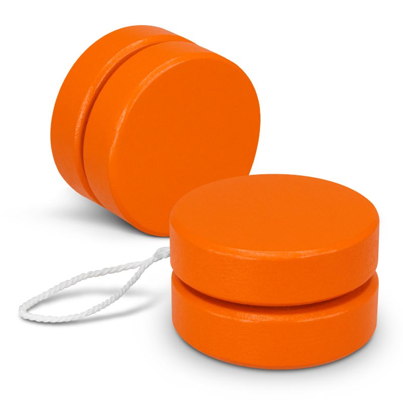 Vibrant orange wooden yoyo, 54mm diameter, ideal for tricks and skill development, sold in sets of 50.