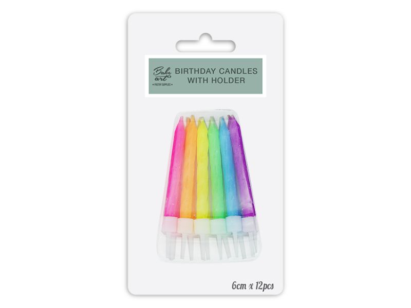Colorful 6cm birthday candles with holders, perfect for cakes and cupcakes, sold in packs of 12 for festive celebrations.