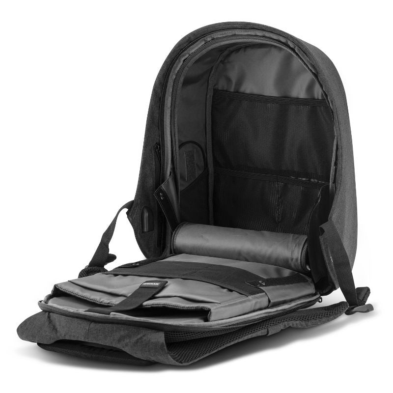 Bobby Hero Backpack in Black, featuring anti-theft design, RFID protection, USB port, and eco-friendly RPET materials.