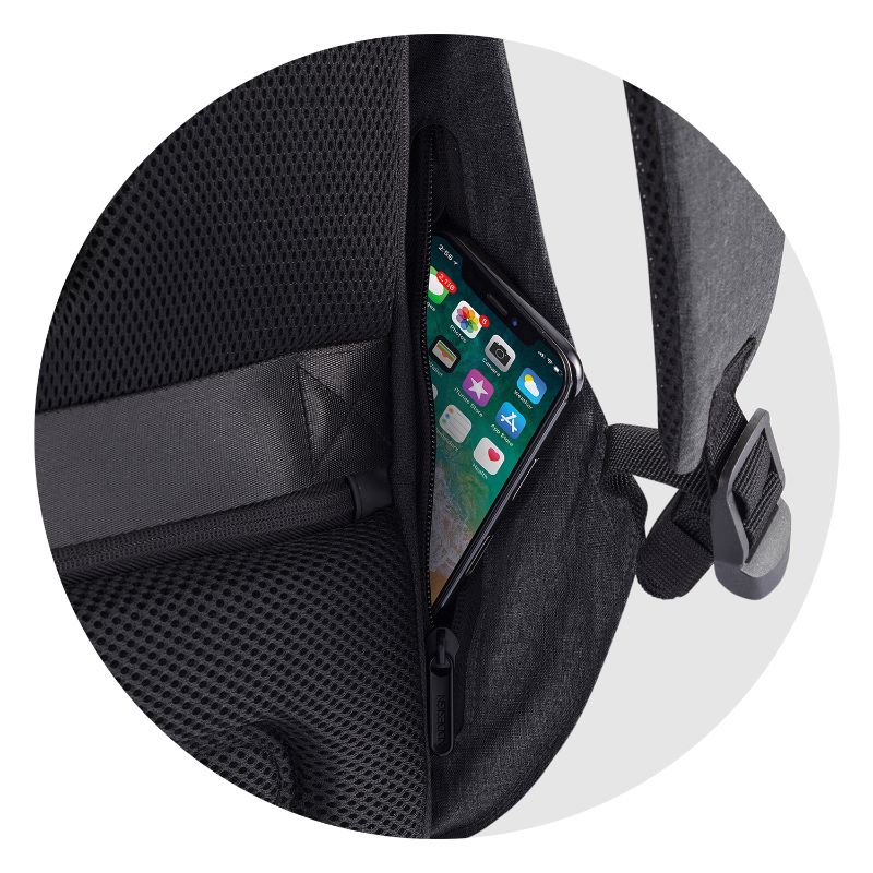 Sleek black anti-theft backpack with USB port, hidden pockets, and eco-friendly RPET materials for secure travel.