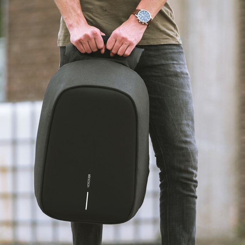 Bobby Hero Backpack in black, featuring anti-theft design, hidden pockets, USB port, and eco-friendly RPET materials.