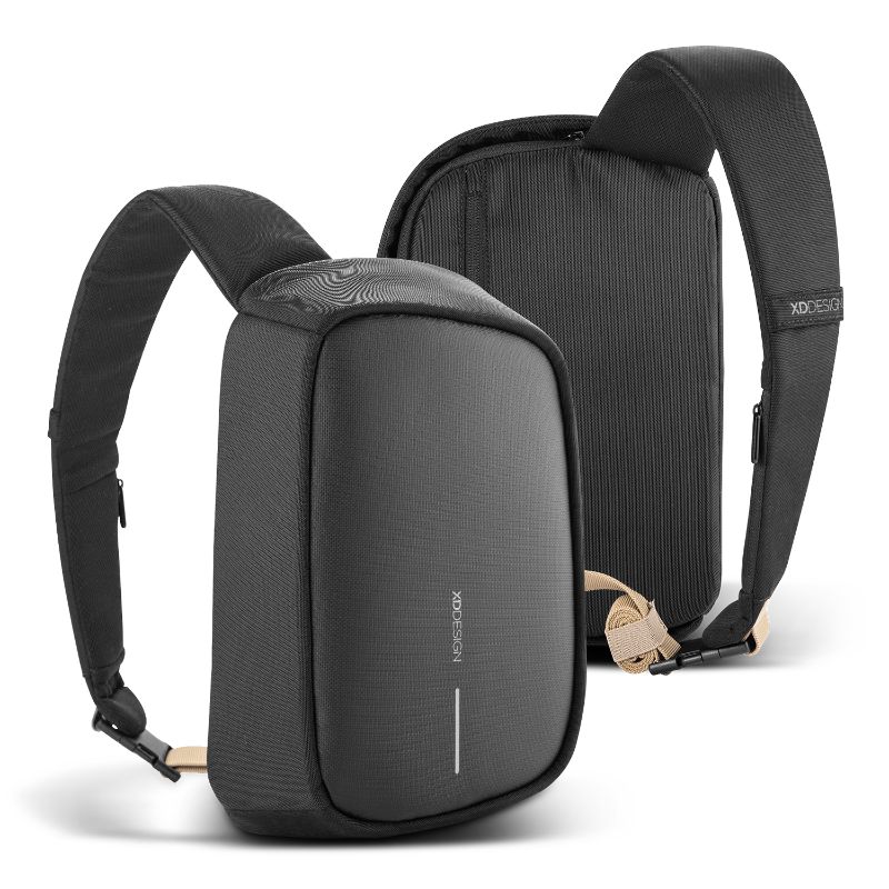 Bobby Sling Bag in black with anti-theft features, USB charging port, and eco-friendly RPET design for urban travelers.