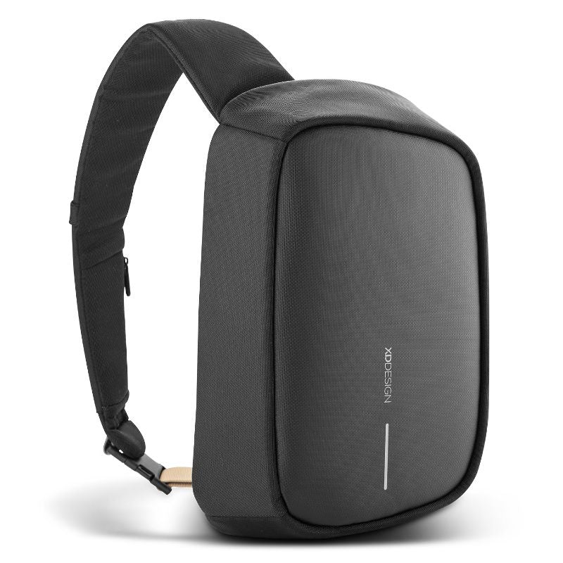 Bobby Sling Bag in black featuring anti-theft technology, adjustable strap, USB charging, and eco-friendly RPET materials.