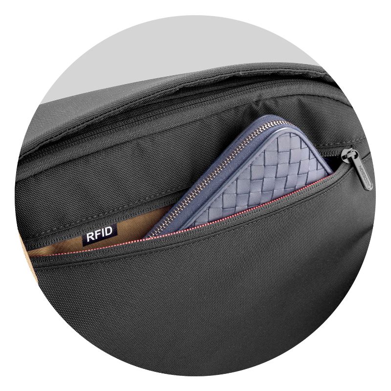 Black Bobby Sling Bag featuring anti-theft design, USB charging, and eco-friendly RPET materials for urban travel.