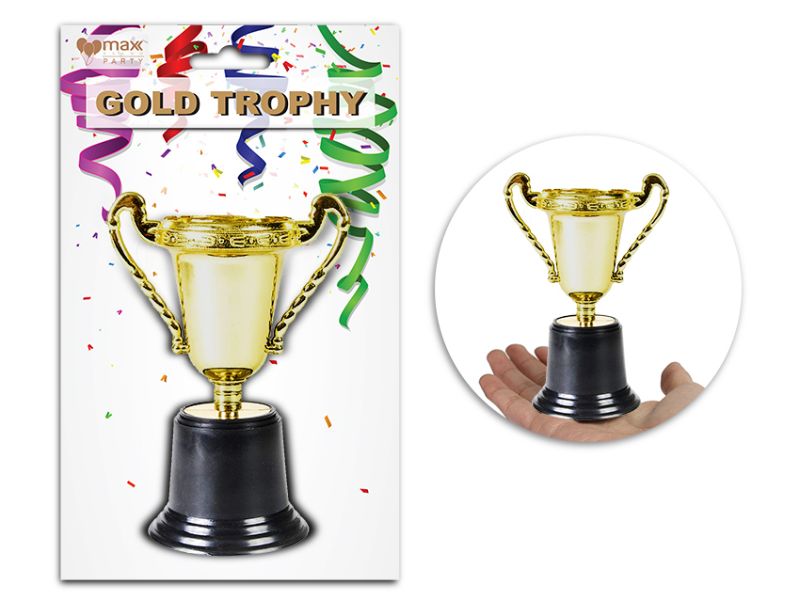 Shiny 120mm gold trophy for awards, ideal for sports and academics, provided in a pack of 24 units.