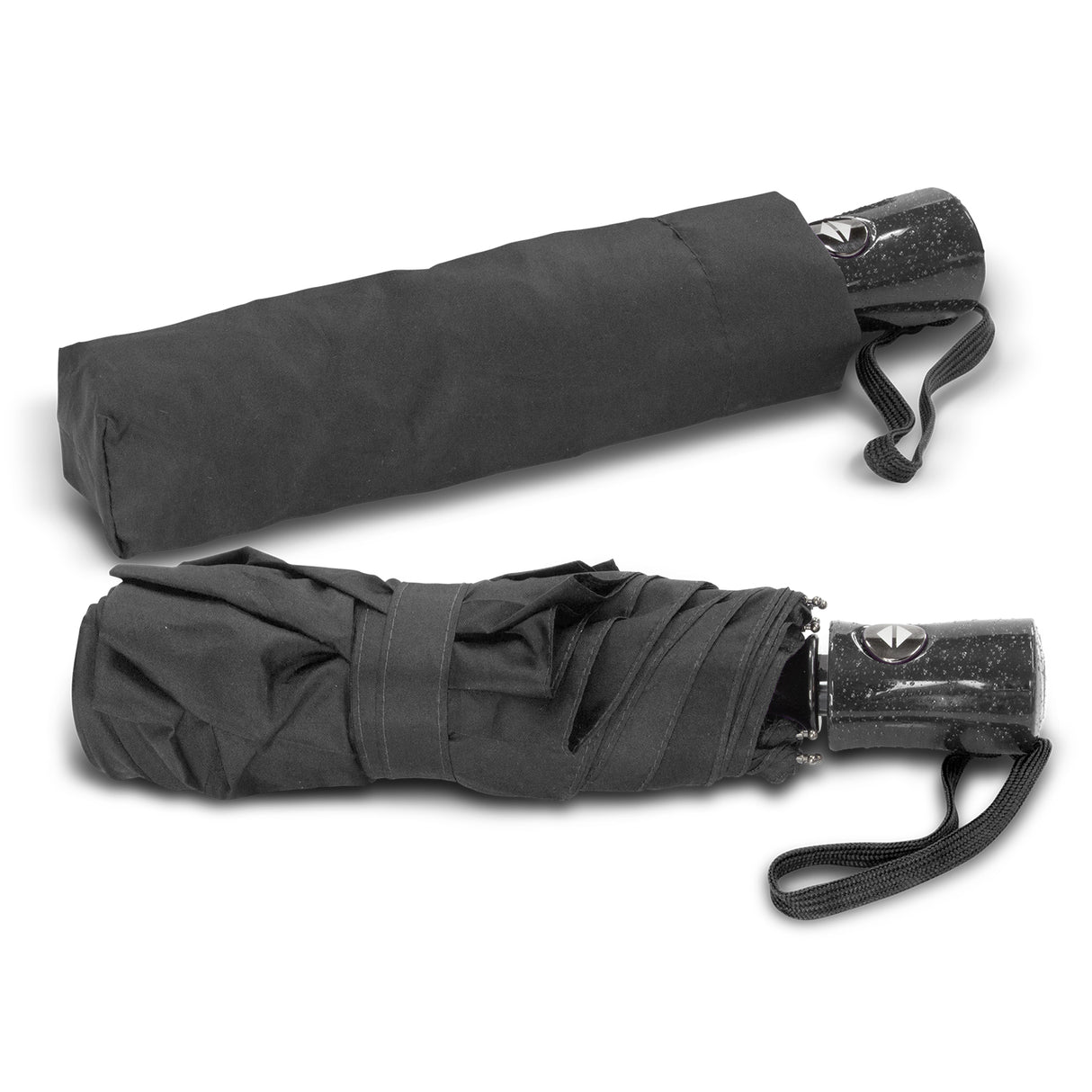 Black Dew Drop Umbrella featuring an eight-panel wind-proof canopy, automatic opening, and a unique raindrop handle design.