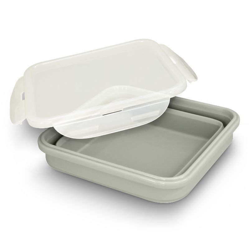 Set of 6 grey collapsible lunch boxes, made from BPA-free silicone, microwave safe, and storage-friendly with secure lids.