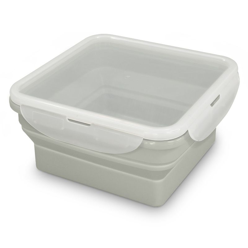 Set of 6 collapsible grey lunch boxes, BPA-free, microwave safe, 800ml capacity, compact storage with secure lids.