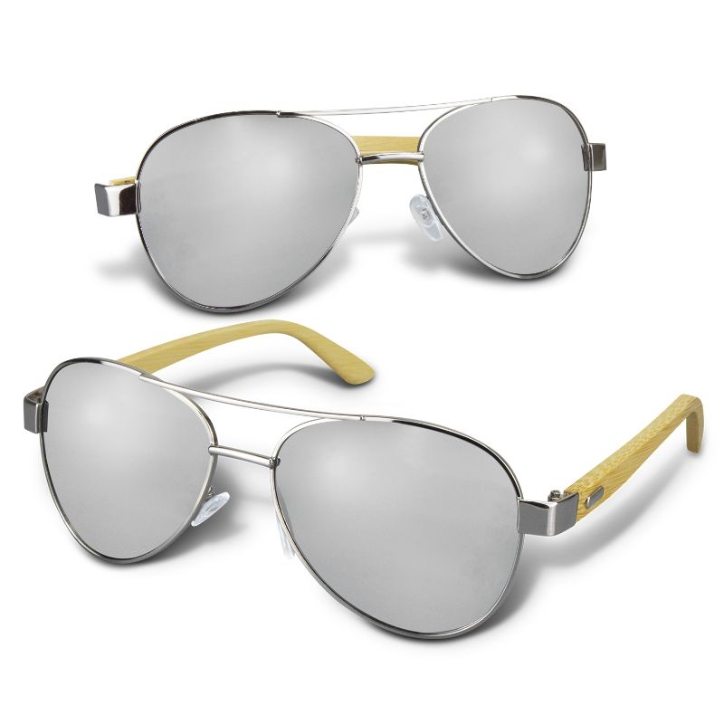 A pack of 6 stylish aviator sunglasses with mirror lenses, bamboo arms, and UV protection. Perfect for eco-conscious fashion.