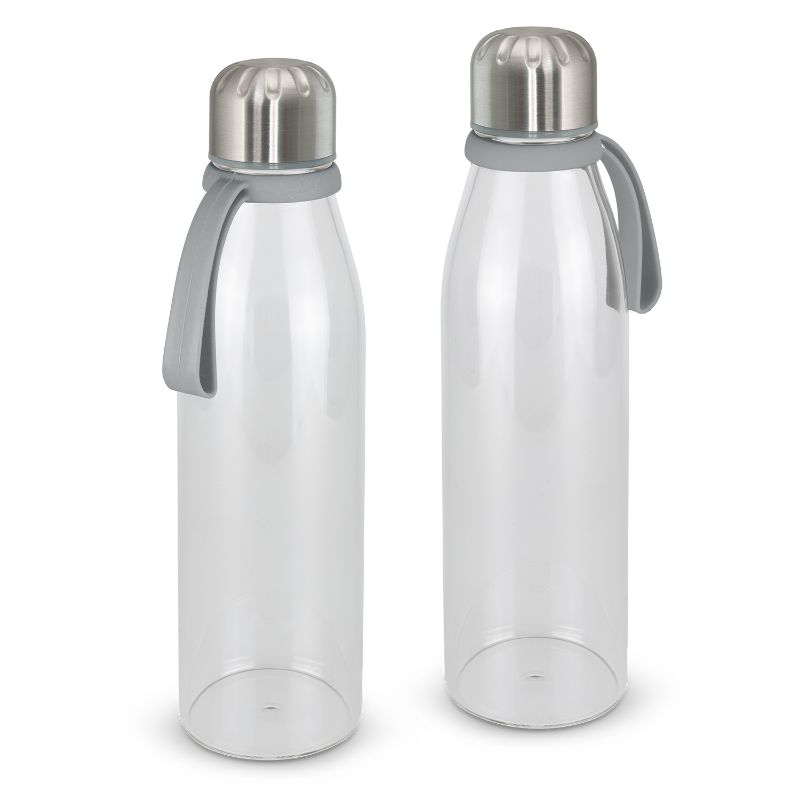 Set of 6 sophisticated grey borosilicate glass bottles with stainless steel lids and silicone handles for stylish hydration.