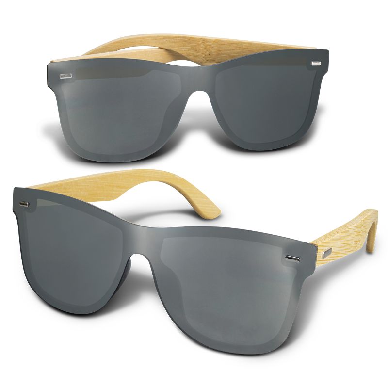 Eco-friendly Bamboo Ryder sunglasses with silver mirror lenses and bamboo arms, offering UV protection and stylish design (6 units).