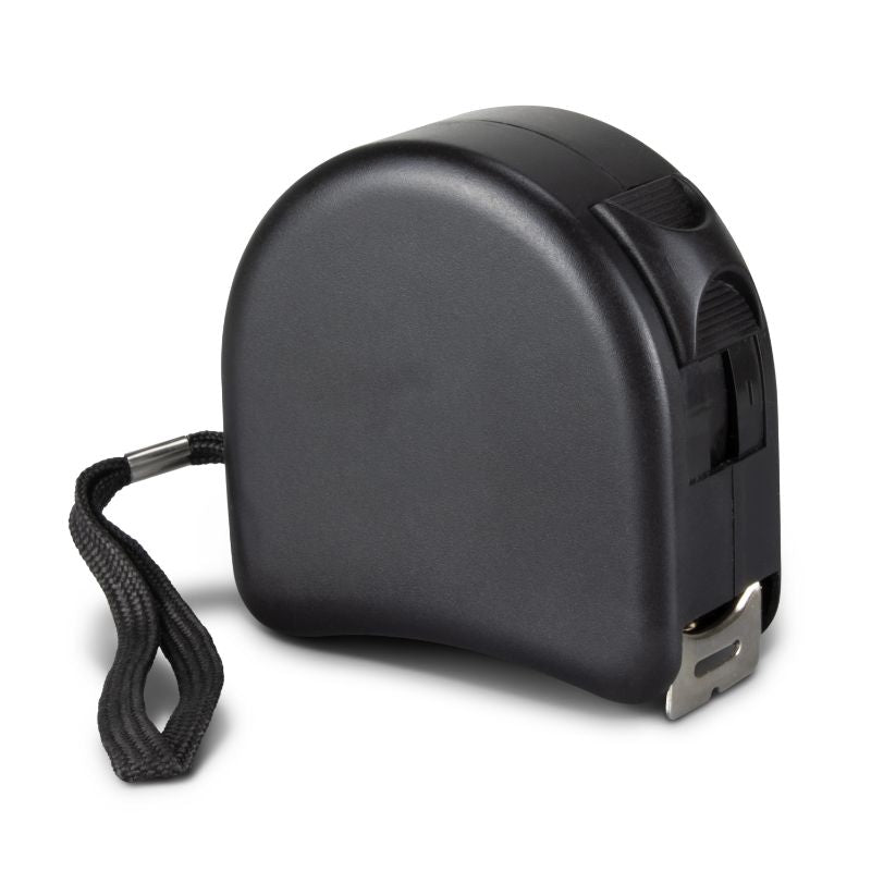 Black 8M measure tape set of 6 with durable casing, metal tape, inches/centimeters, belt clip, and wrist strap.