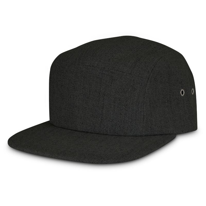 Stylish charcoal cap with a flat peak, five panels, adjustable Velcro, and comfortable sweatband for all-day wear.