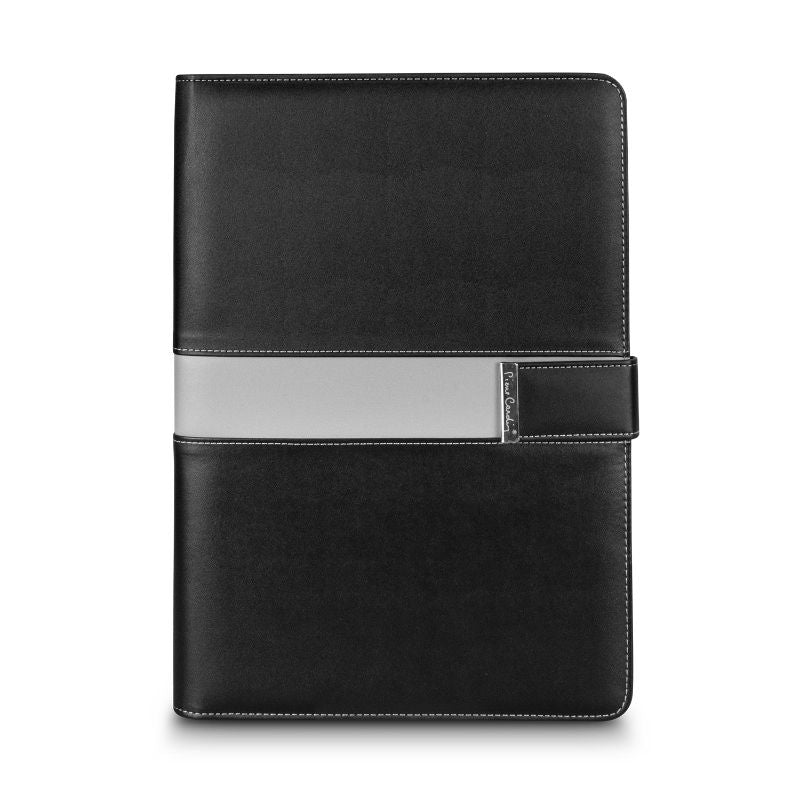 Elegant black Pierre Cardin Valence portfolio with magnetic closure, notepad, and organized pockets for professionals.