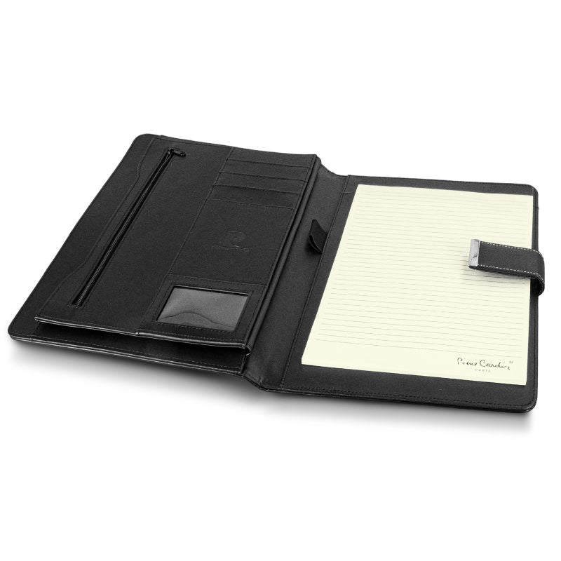 Elegant black Pierre Cardin Valence Portfolio with a magnetic closure, notepad, and multiple organizational pockets.