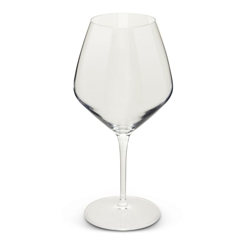 Elegant set of four 610ml Luigi Bormioli crystal wine glasses with angled bowls for superior aroma and light refraction.