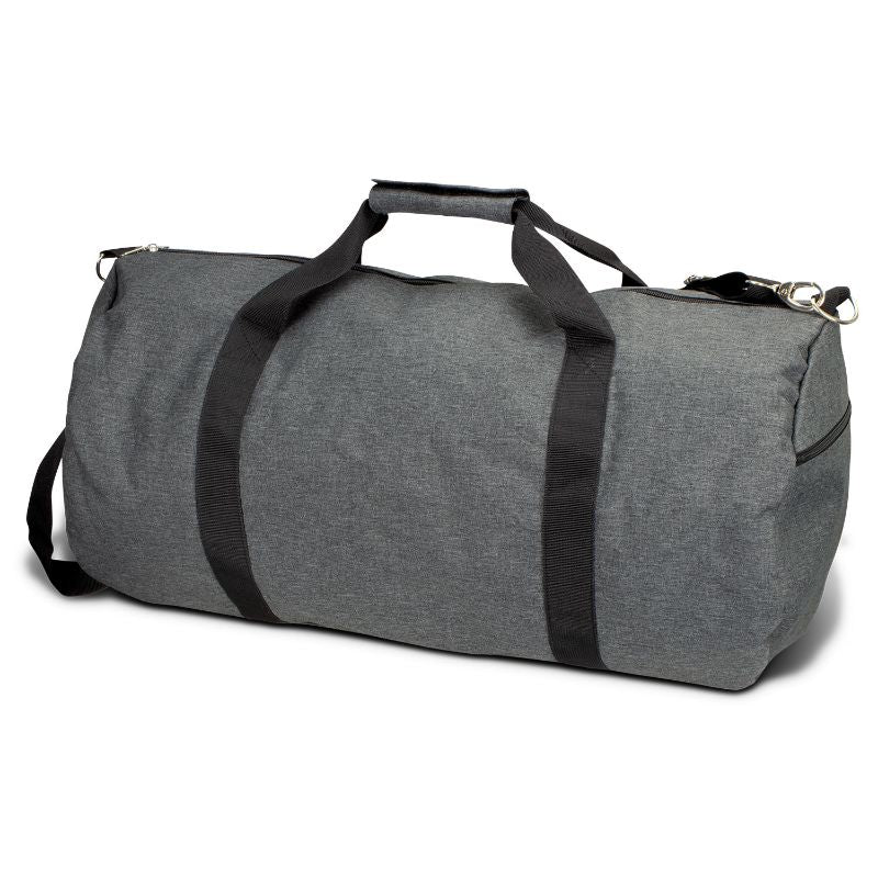 Heather Grey duffle bag featuring durable polyester, removable shoulder strap, and multiple pockets for organizing essentials.