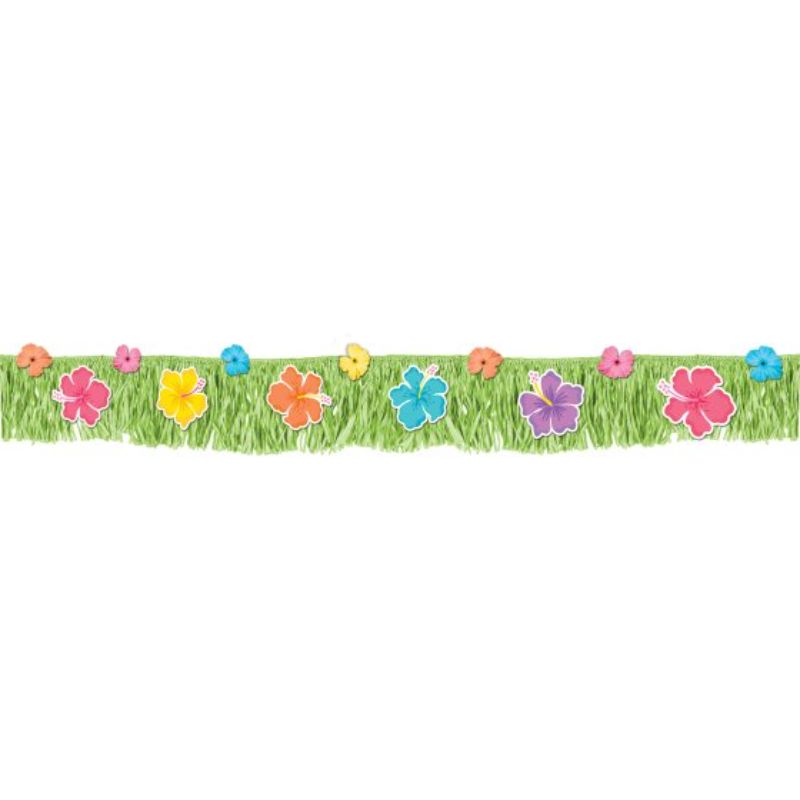 Colorful hibiscus fringed banner for tropical parties, measuring 23cm x 178cm, perfect for vibrant summer celebrations.