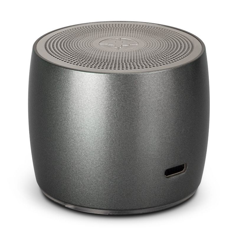 Compact Swiss Peak Bass Speaker in black, featuring 3W output, enhanced bass, Bluetooth 5.0, and stylish stainless steel design.
