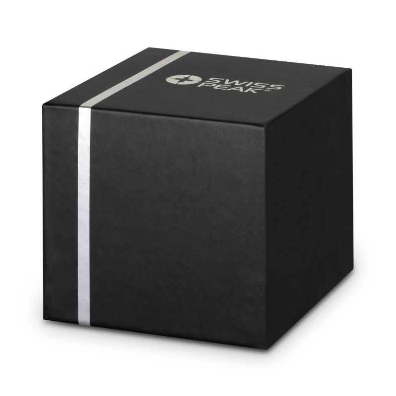 Swiss Peak Bass Speaker in sleek black, featuring 3W output, Bluetooth 5.0, and a stylish stainless steel design.
