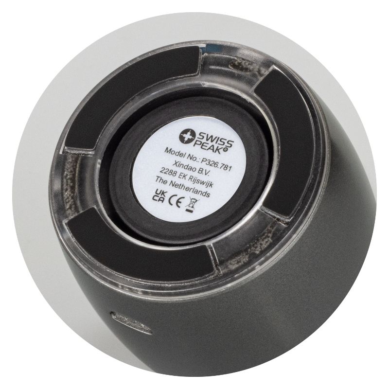 Swiss Peak Black Bass Speaker with 3W output, stainless steel design, Bluetooth connectivity, and 5-hour battery life.