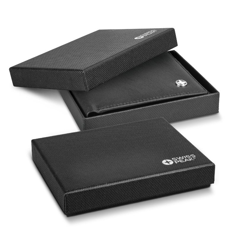 Premium black bi-fold wallet with anti-skimming tech, 6 card slots, Swiss Peak logo, and elegant PU leather finish.